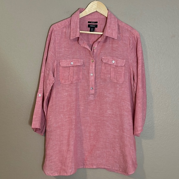 Jones & Co 100% Linen PopoverTop with Pearl Buttons Rollable Sleeves Size L - Picture 1 of 7